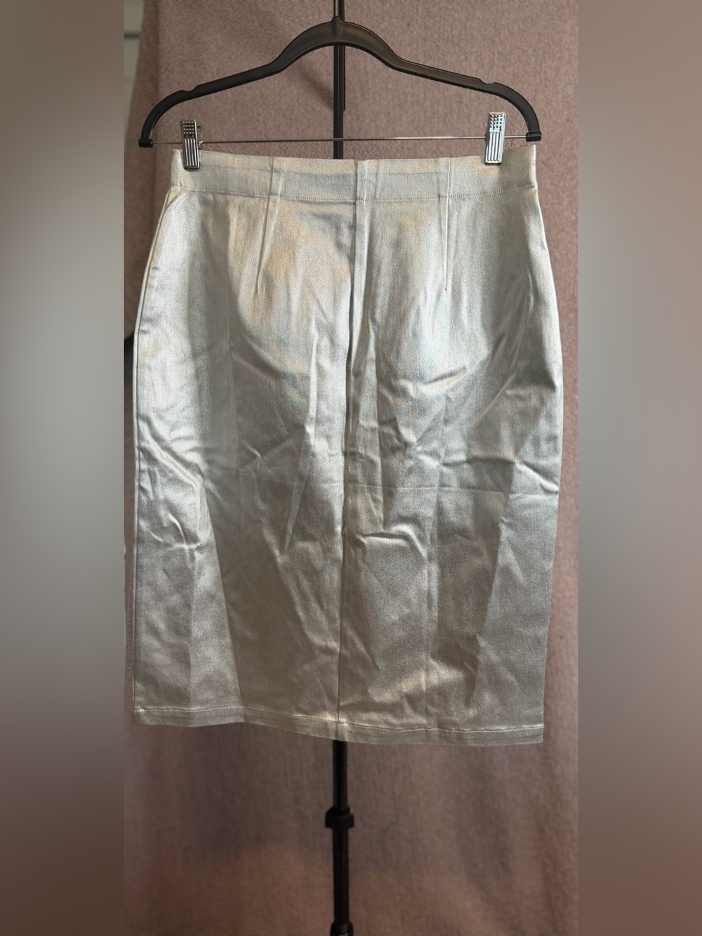 Allegra K Metallic Silver High Waist Pencil Skirt Front Slit Stretch Shimmer